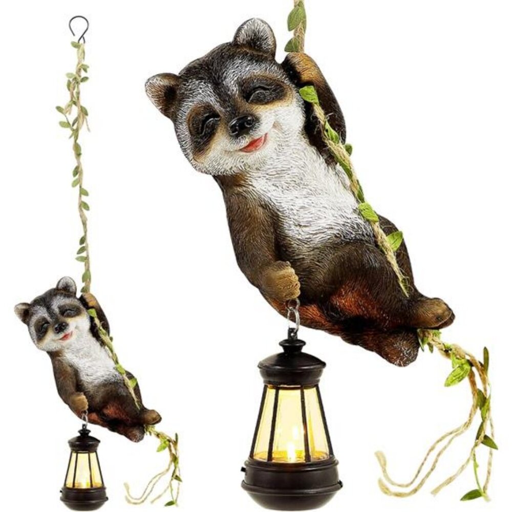 1 Pack Solar Light Statues, 6.5"H Resin Raccoon Climbing On A 23.6"L Vine